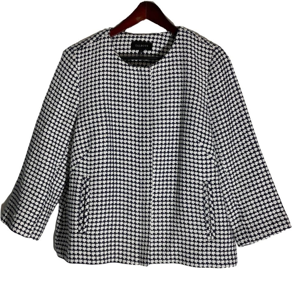 Talbots Women’s Blue White Zip Front Blazer Fully Lined Round Collar Pockets 12